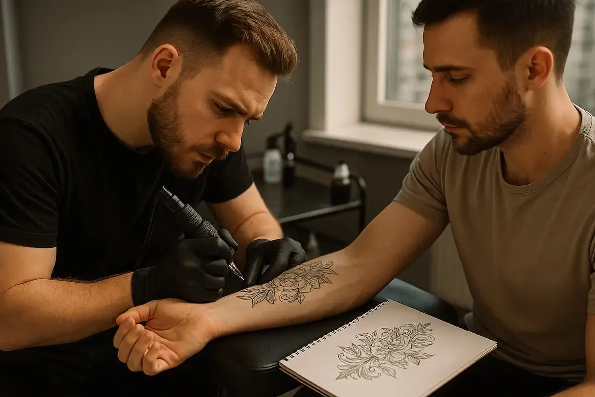 Tatuador creando un diseño de flor en el brazo de un cliente, con un boceto similar en un cuaderno.