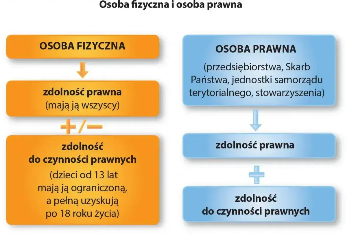 Schemat porównuje osobę fizyczną i prawne przykłady: przedsiębiorstwa, Skarb Państwa. Pokazuje ich zdolność prawną i do czynności prawnych.