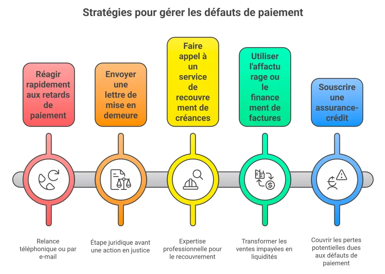 Schéma des stratégies de gestion des impayés : relance, mise en demeure, recouvrement, affacturage, assurance-crédit. Utile pour savoir quand porter plainte pour argent non rendu.