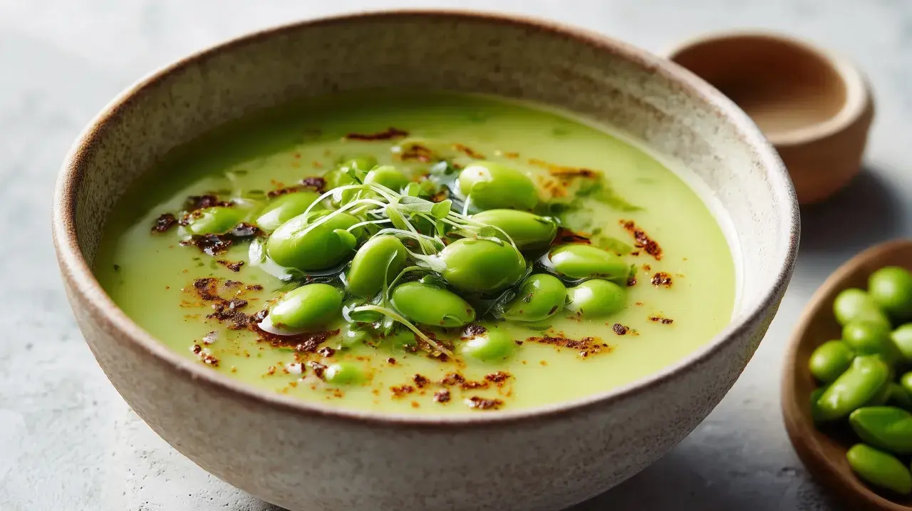 A vibrant green soup, possibly a creamy pea or edamame soup, is garnished with fresh japanese mame beans and microgreens.