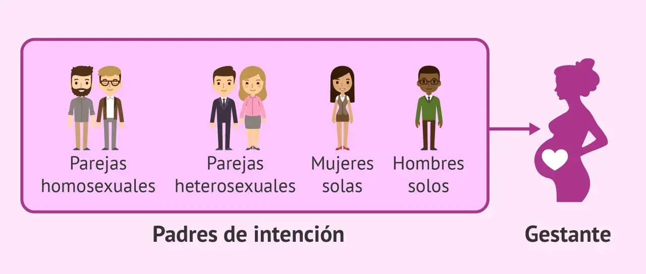 Padres de intención (parejas homosexuales, heterosexuales, mujeres solas, hombres solos) y gestante. Ilustra la gestación subrogada.