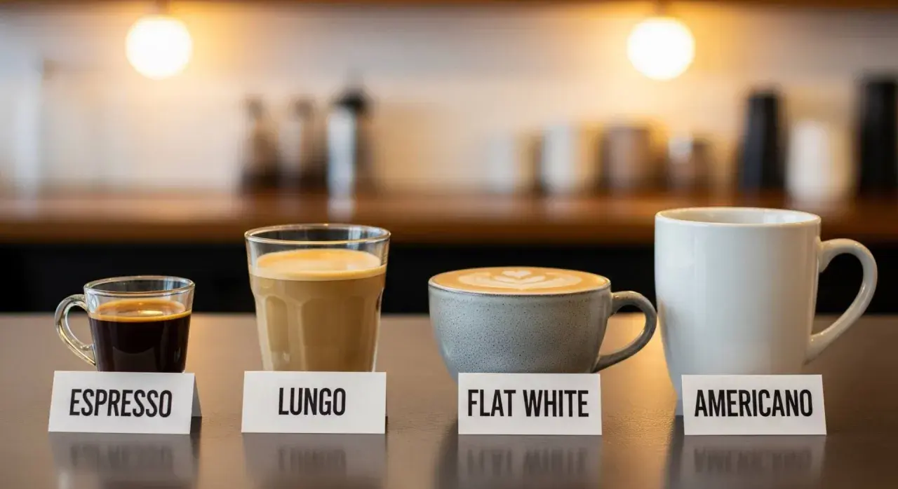 Cztery kawy: espresso, lungo, flat white i americano, prezentowane w szklanych i ceramicznych naczyniach.