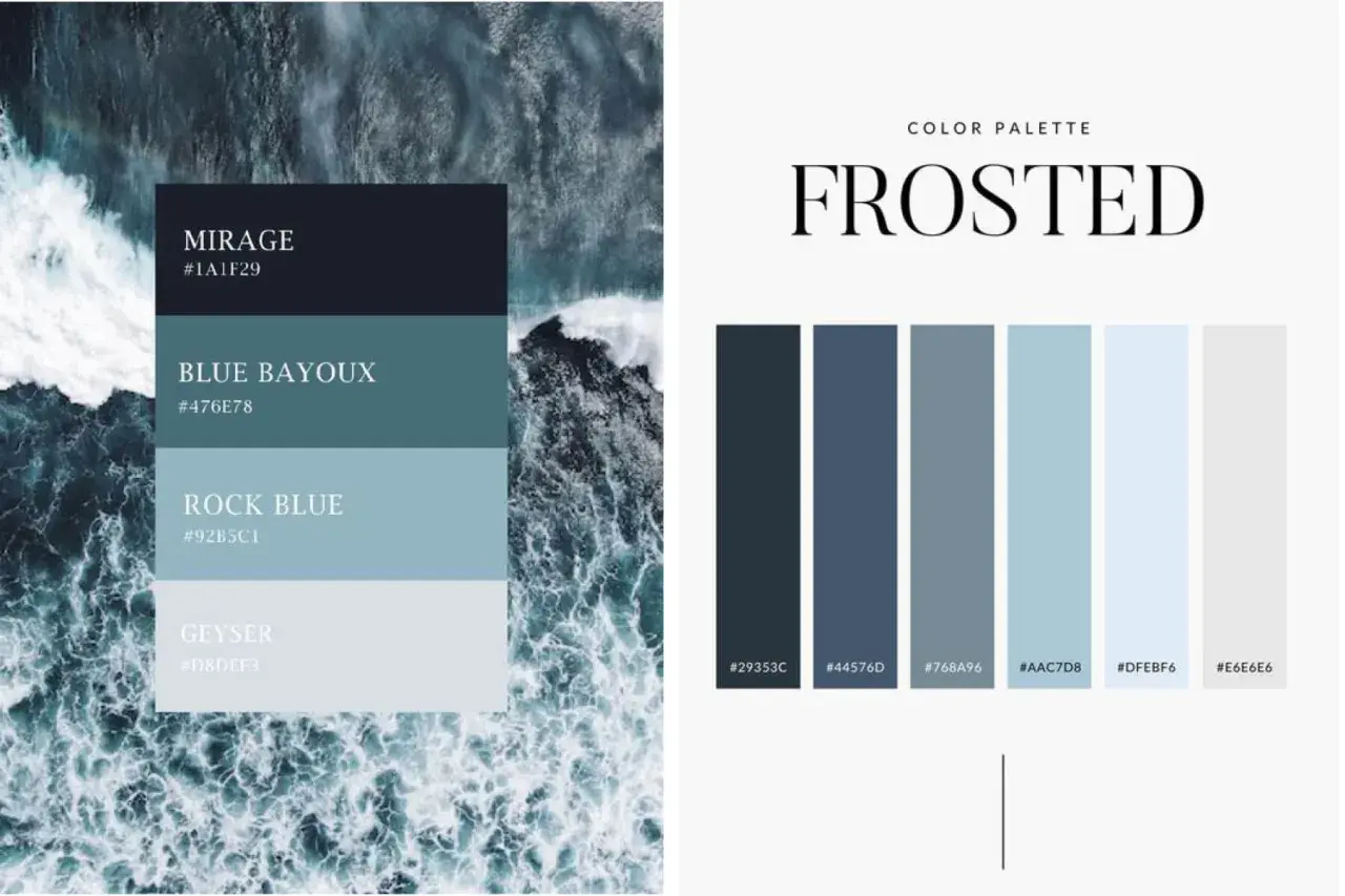 Palette "Frosted" con tonalità di colore blu ispirate al mare in tempesta e alle sfumature ghiacciate.
