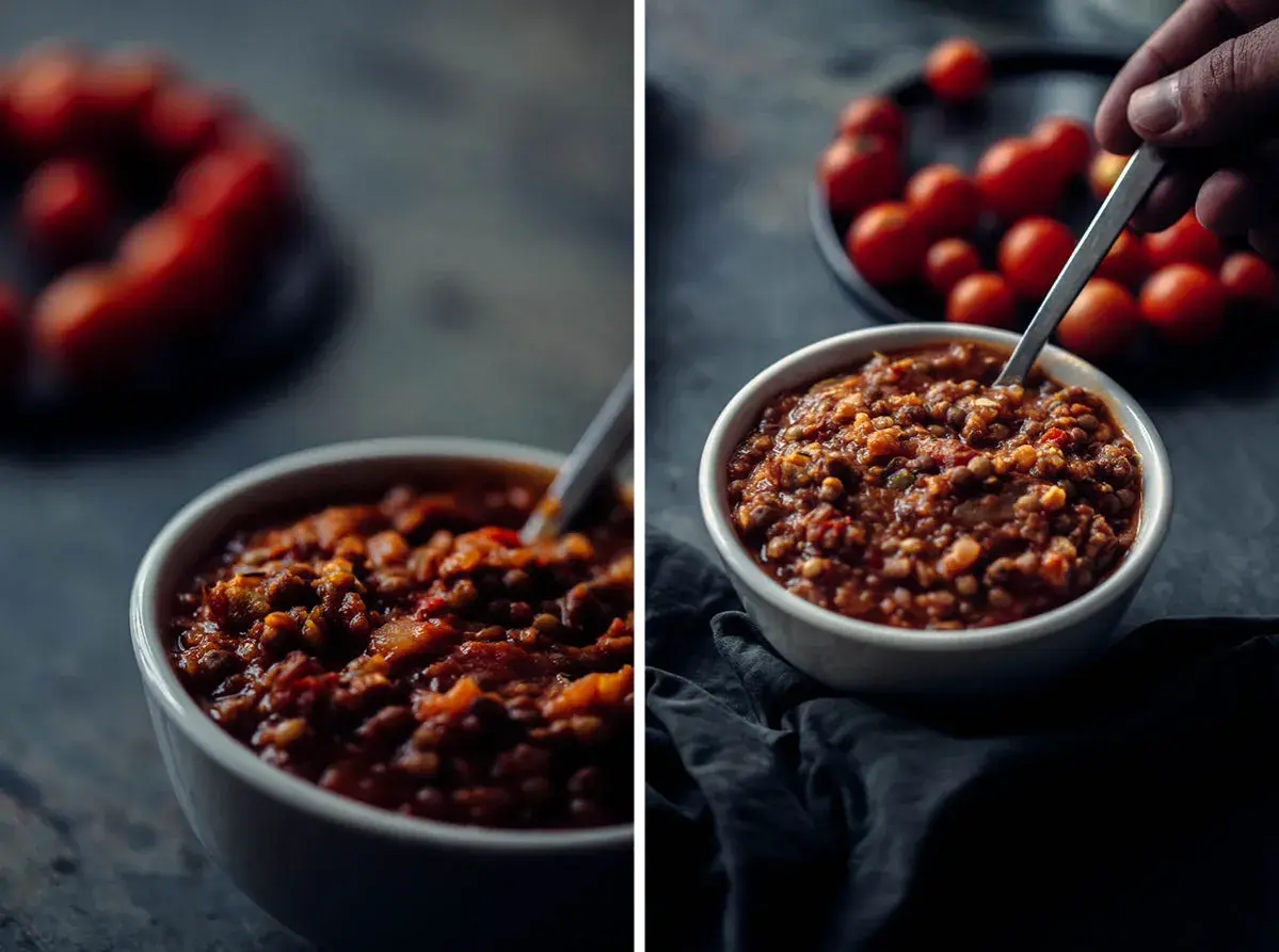 Un tazón de boloñesa de lentejas, con tomates cherry al fondo.