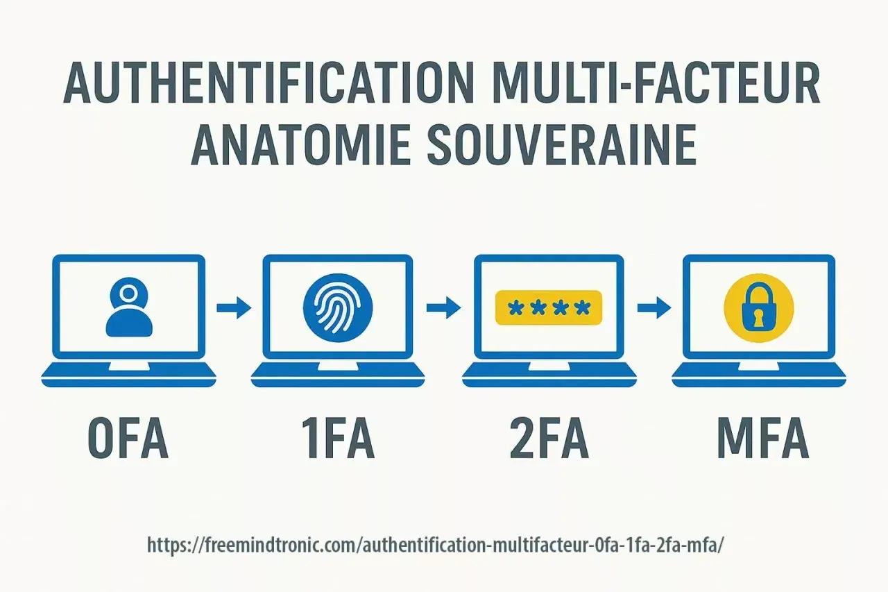 Illustration montrant l'évolution de l'authentification : d'un facteur (OF A) à l'authentification multi-facteur (MFA) via empreinte digitale et mot de passe.