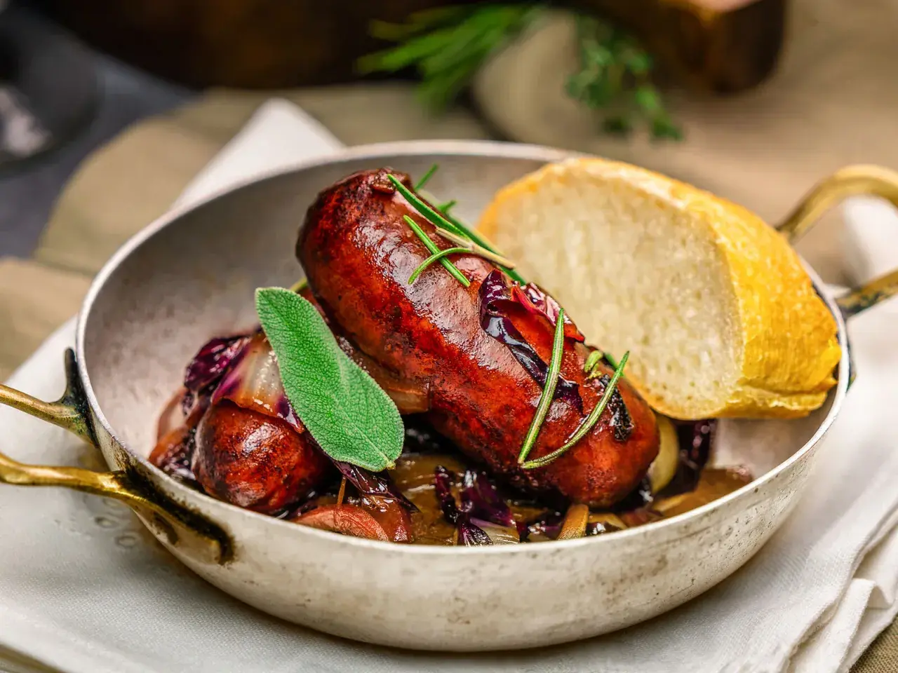Herzhafte Salsiccia mit Rotkohl und Brot, ein Klassiker der italienischen Küche.