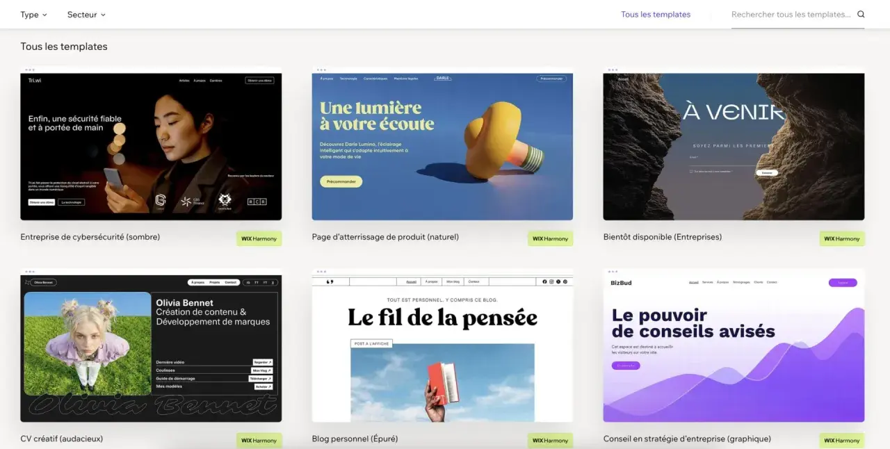 Découvrez des modèles pour créer un site avec Wix : cybersécurité, produit, CV, blog, entreprise.