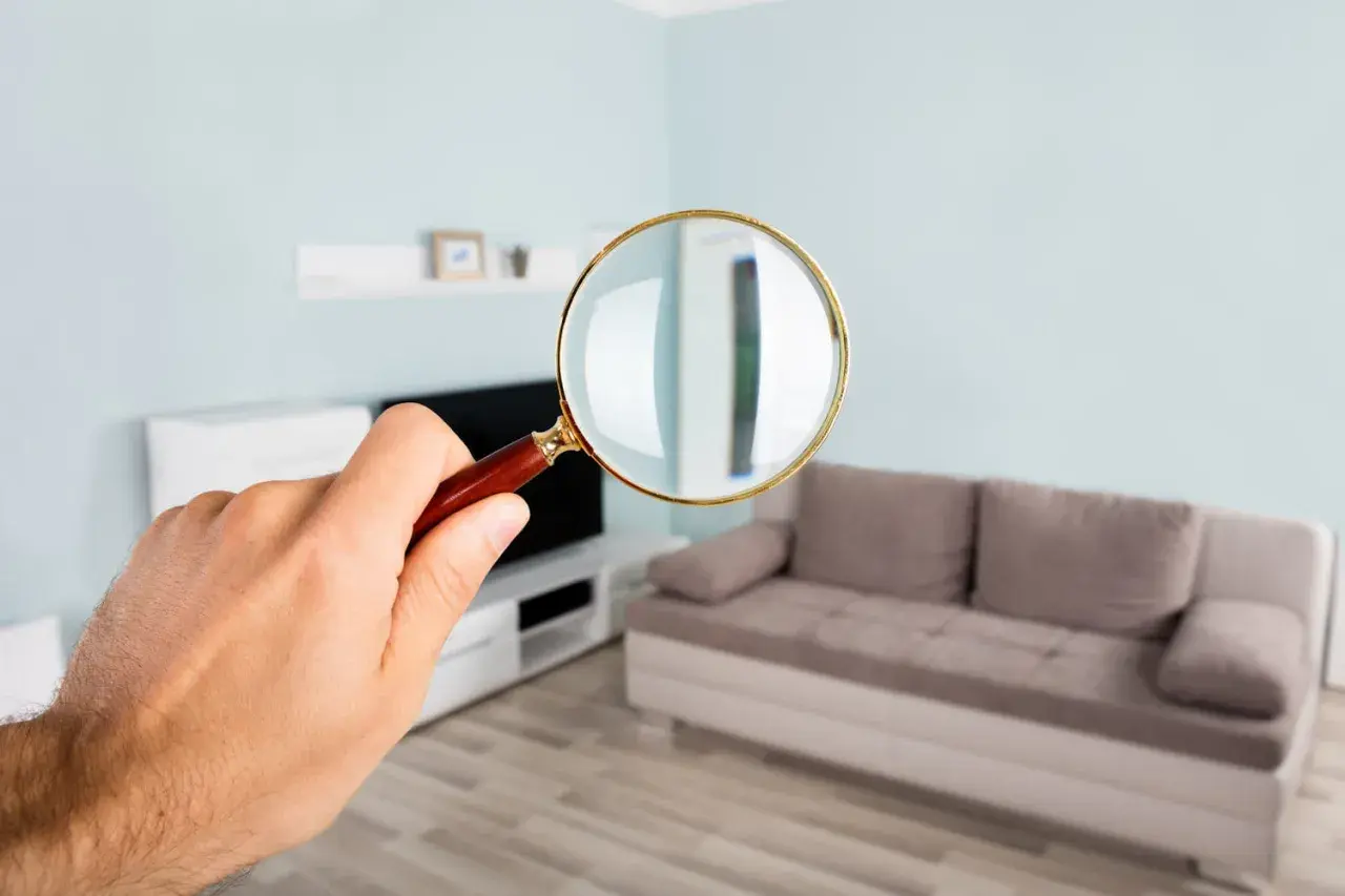 Main d'un homme tenant une loupe pour examiner un appartement. Que vérifier avant d'acheter un appartement ?