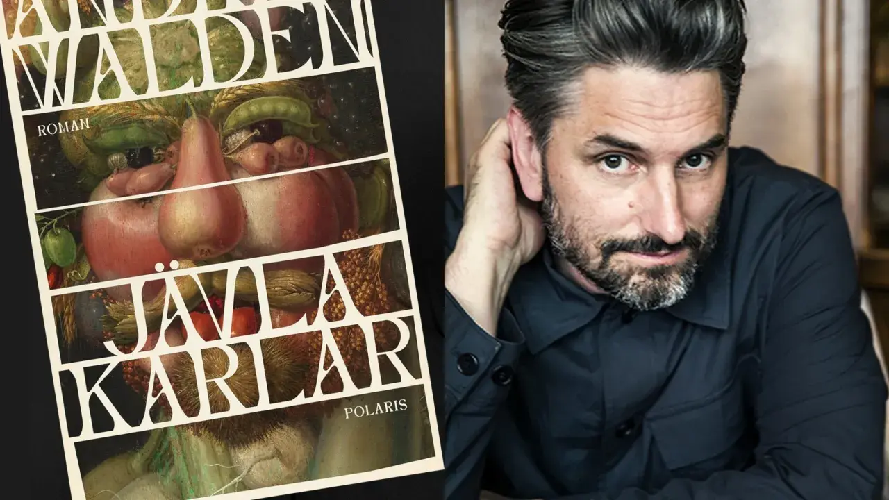 En bild på författaren Jonas Hassen Khemiri bredvid bokomslaget till "Jävla Karlar" av Anders Walden.