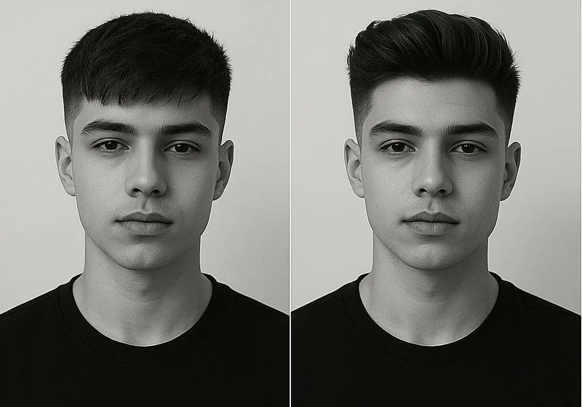 Dos estilos de peinado para hombre: un corte corto y moderno con flequillo recto, y otro con volumen y degradado. ¡Ideas para los mejores cortes de pelo hombre!