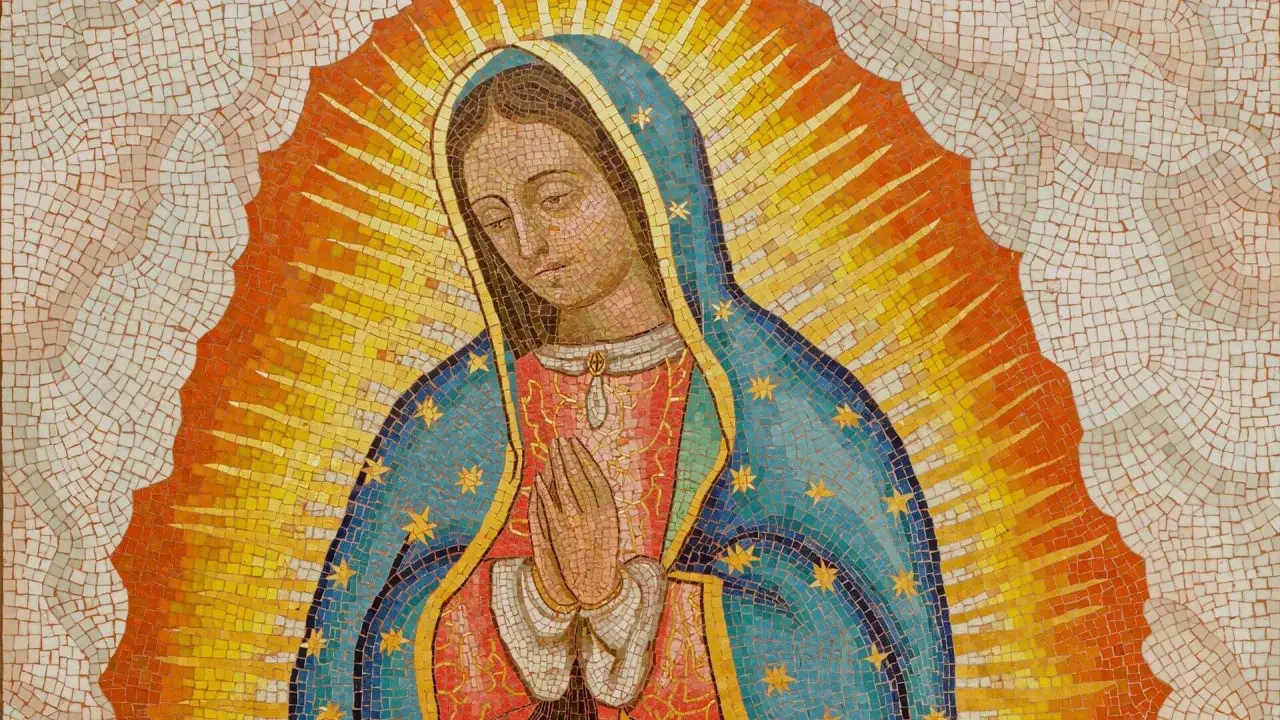 Matka Boska z Guadalupe w mozaice, otoczona promieniami słońca. Nawet badania NASA potwierdzają jej niezwykłe właściwości.