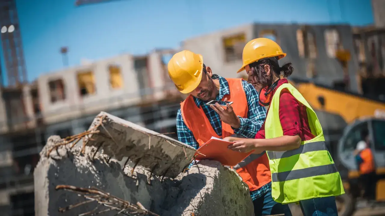 Operai con caschi gialli e giubbotti ad alta visibilità discutono la pianificazione progetto su un cantiere, esaminando documenti e smartphone.