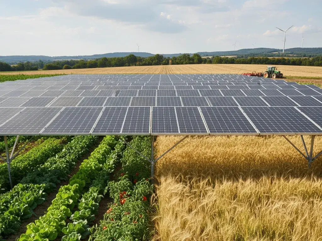 Un impianto agrivoltaico con pannelli solari sopra ortaggi e campi di grano. Un trattore lavora sullo sfondo, con pale eoliche all'orizzonte.