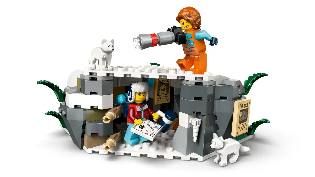 Lego Arktis Polarexpress: Forscherin mit Fernglas und Karte, zwei weiße Wölfe in eisiger Höhle.