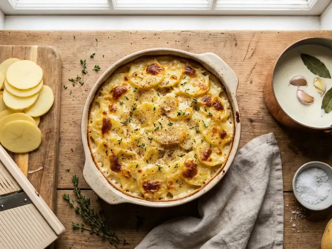 Un gratin dauphinois onctueux, prêt à être dégusté, comme le ferait Cyril Lignac. Des pommes de terre fines, dorées et gratinées.