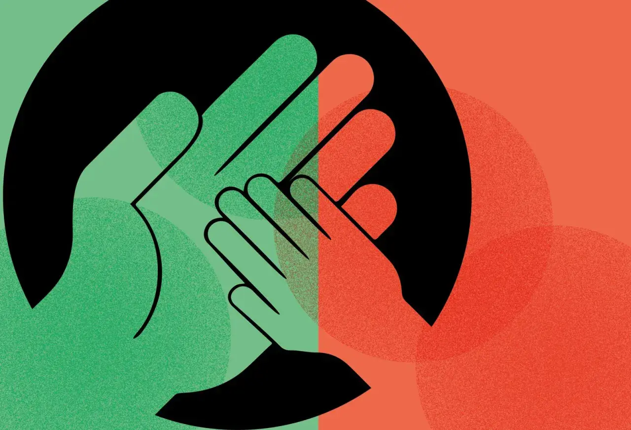 Zwei Hände, grün und rot, treffen sich in einem Kreis. Ein Symbol für positiven Frieden und Zusammenhalt.