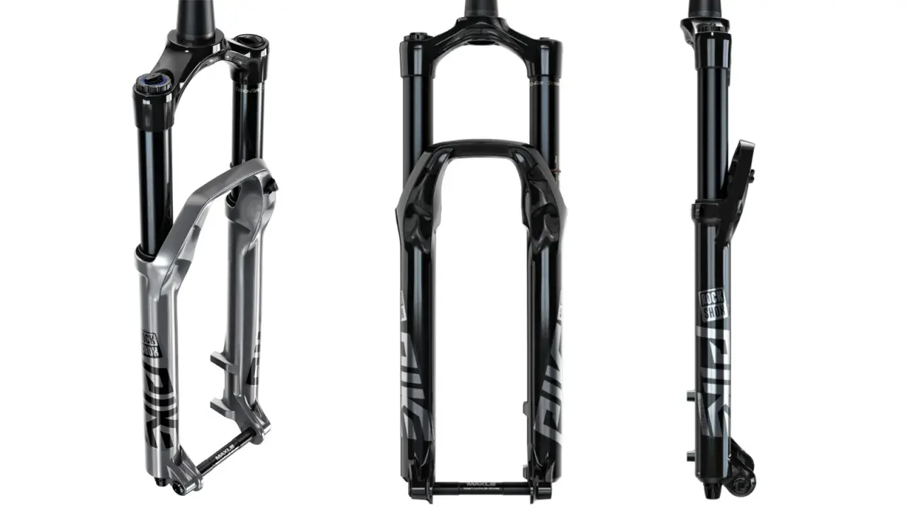 Three views of the RockShox Pike Ultimate fork, ready for a review.