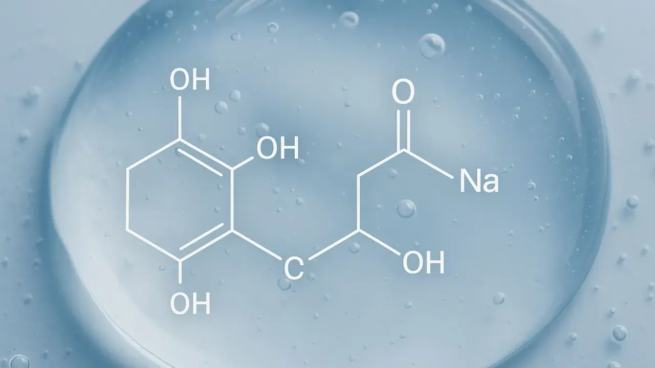 Struktura chemiczna hialuronianu sodu na błękitnym tle z pęcherzykami powietrza.