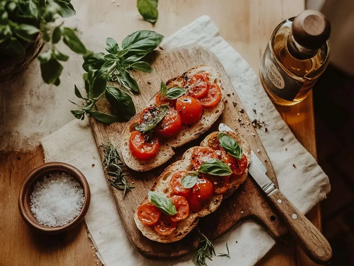 Två bitar bruschetta med mozzarella, färska tomater och basilika på en träskärbräda. En flaska olivolja och en skål med flingsalt syns bredvid.