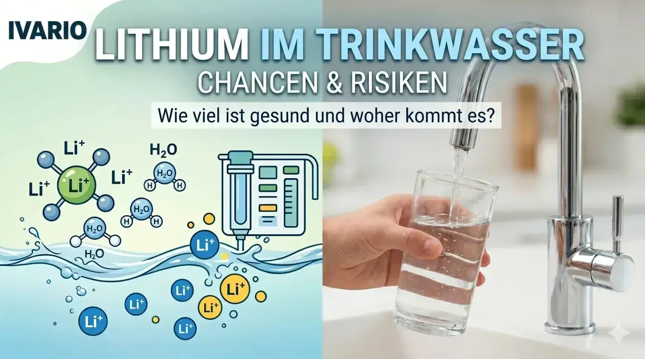 Grafik zeigt chemische Formeln von Lithium und Wasser, daneben ein Wasserhahn, der in ein Glas füllt. Thema: Lithium im Trinkwasser – Chancen & Risiken.