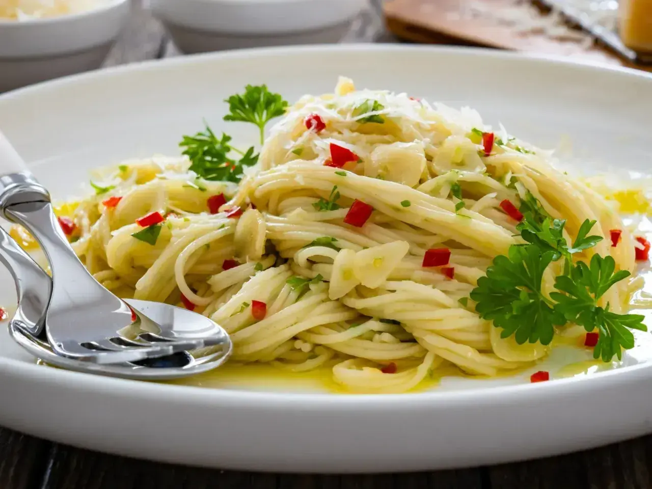 Spaghetti aglio e olio z gotowym sosem, posypane parmezanem i chili. Szybki i pyszny obiad.