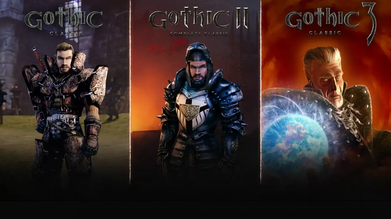 Trzej bohaterowie w zbrojach z gier Gothic Classic, Gothic II Complete Classic i Gothic 3 Classic.