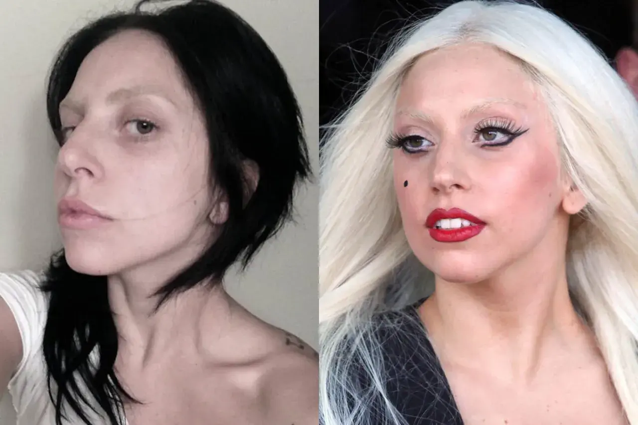 Lady Gaga kiedys: porównanie naturalnego wyglądu z czarnymi włosami i ikonicznego wizerunku z blond peruką i mocnym makijażem.