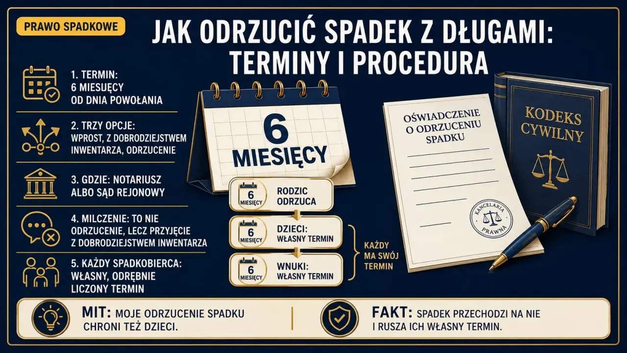 Jak odrzucić spadek z długami? 6 miesięcy na decyzję, opcje: wprost, z dobrodziejstwem inwentarza, odrzucenie. Sprawdź terminy i procedurę.
