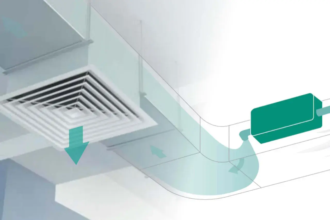 Sistema de ventilación con rejilla cuadrada y conductos que distribuyen aire ionizado para purificar el ambiente.