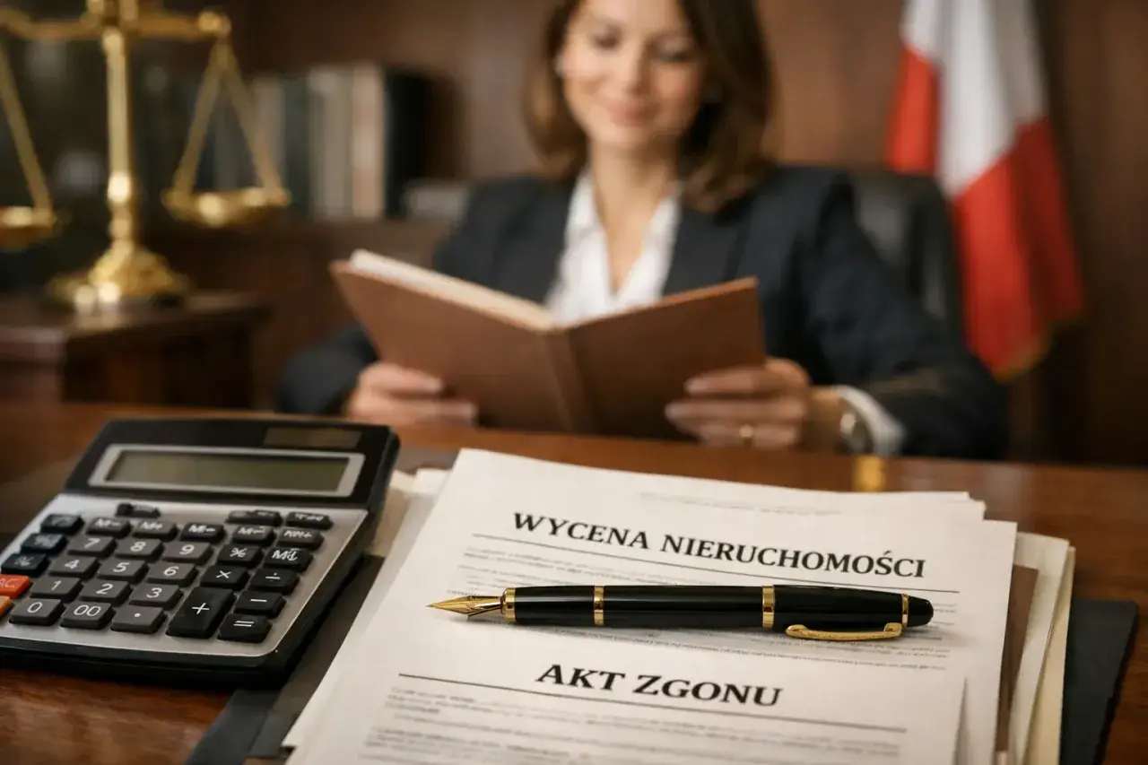 Prawniczka analizuje dokumenty, w tym "Akt Zgonu" i "Wycena Nieruchomości", by ustalić wartość zachowku na jaki dzień.