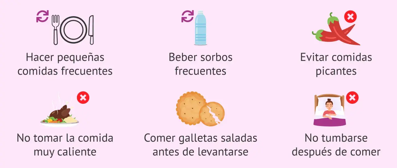 Consejos para aliviar las náuseas del embarazo: comer poco y a menudo, beber sorbos, evitar picantes, comida no muy caliente, galletas saladas al despertar y no tumbarse tras comer.