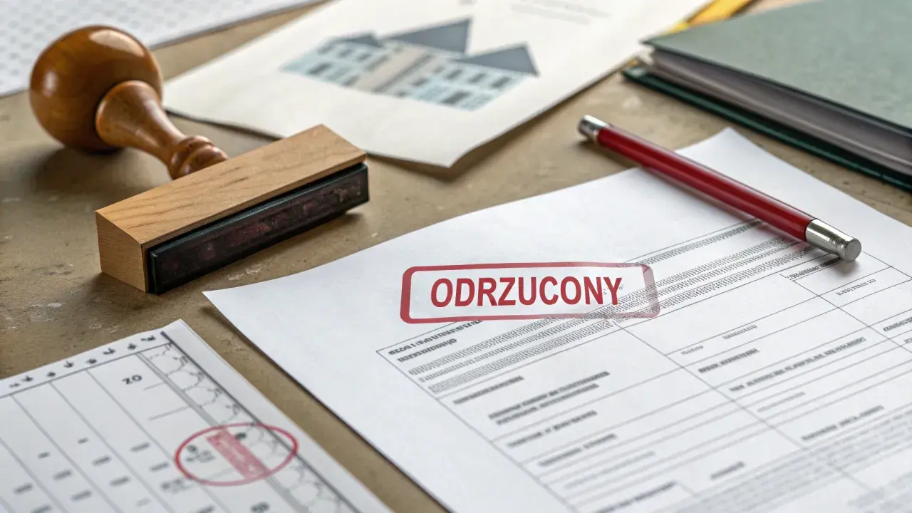 Dokument z pieczątką "ODRZUCONY" i pieczątką okrągłą, sugerujące zgłoszenie samowoli budowlanej.