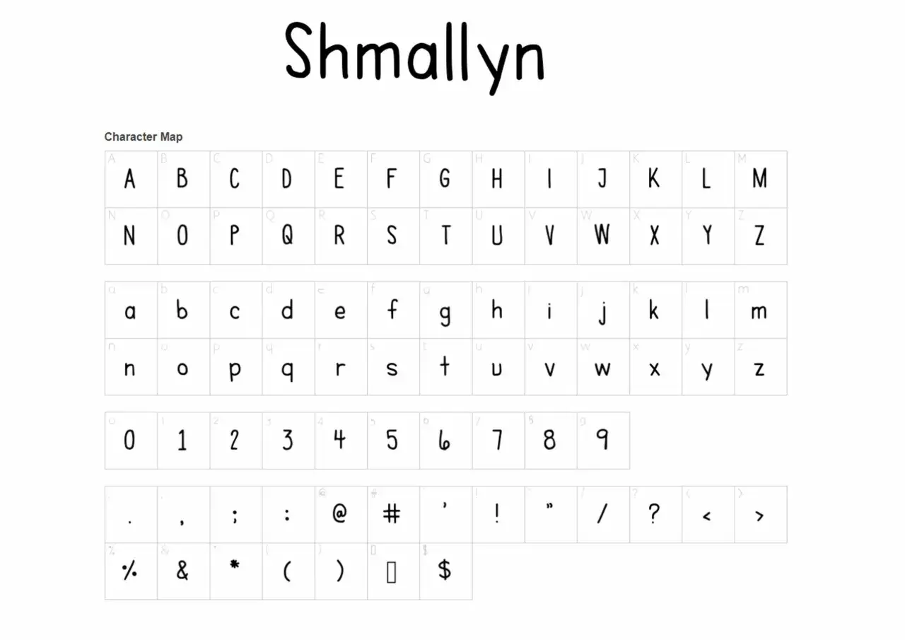 Mapa de caracteres con el nombre "Shmallyn". Muestra el abecedario completo en **letra imprenta**, números y símbolos.