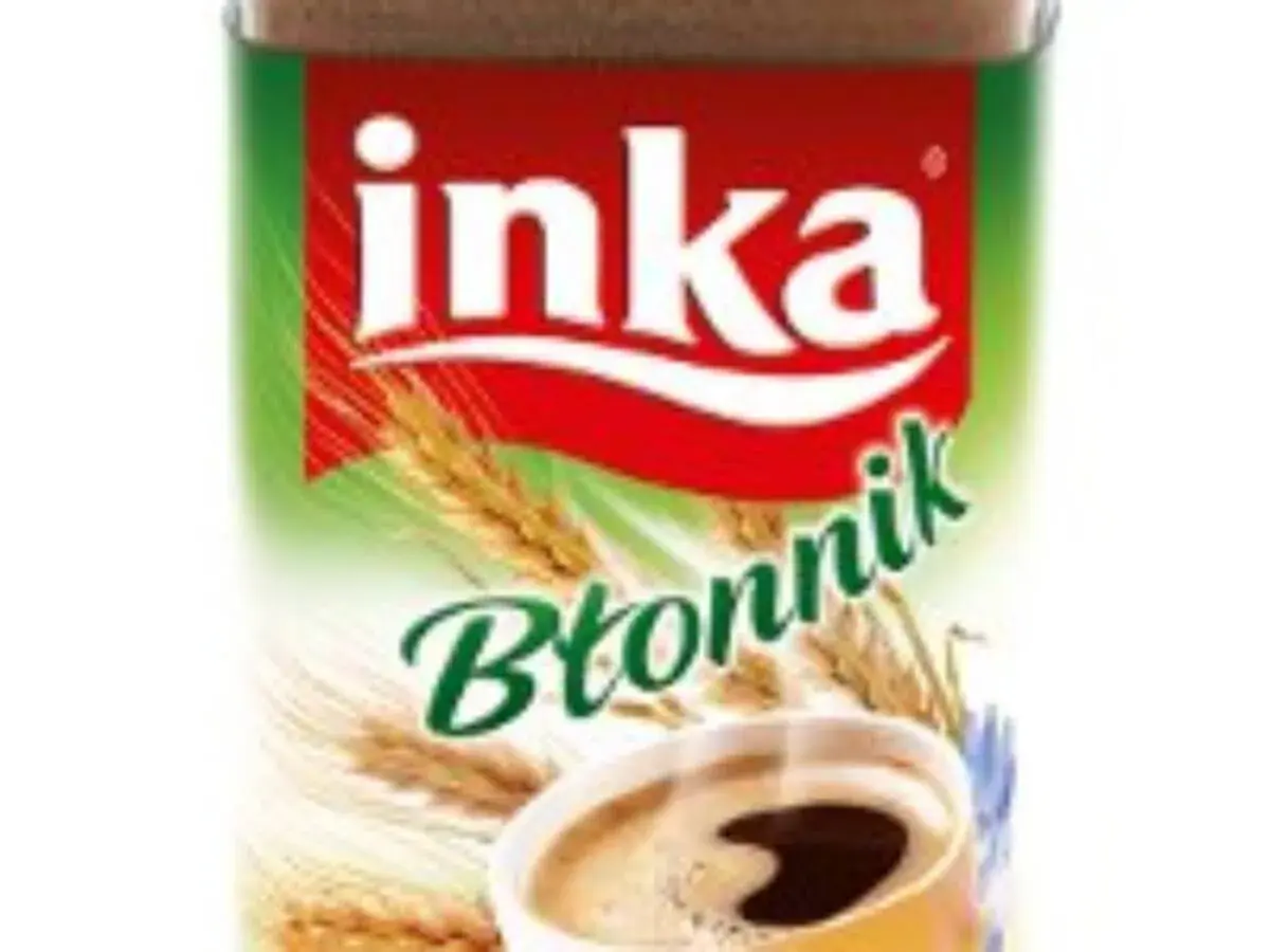 Inka Błonnik – czy kawa zbożowa Inka ma kofeinę? Opakowanie z napisem "Inka Błonnik", kłosami zbóż i filiżanką kawy.