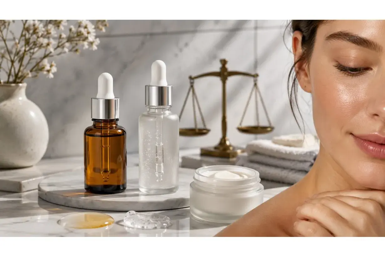 Sieri e creme per la pelle, con bilancia d'epoca. L'acido salicilico a cosa serve? Per una pelle equilibrata e luminosa.