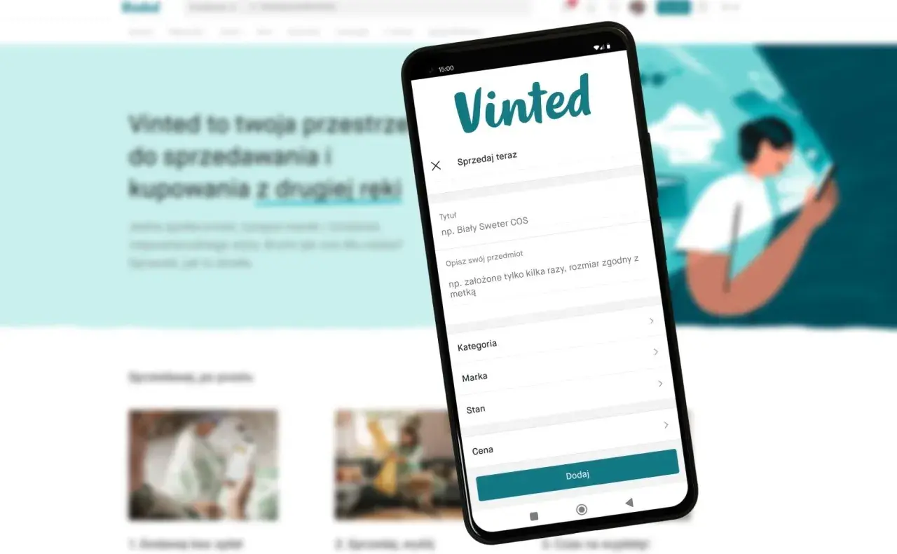 Na ekranie telefonu widać aplikację Vinted, gdzie można sprzedawać rzeczy. Dowiedz się, od ilu lat można sprzedawać na Vinted, by zacząć zarabiać.