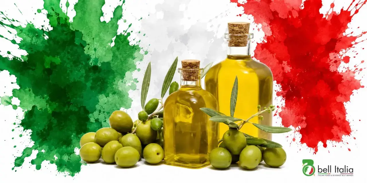 Bottiglie di olio extravergine d'oliva e olive fresche, con sfondo a macchie verdi, bianche e rosse, che ricordano la bandiera italiana. La migliore classifica olio extravergine di oliva.
