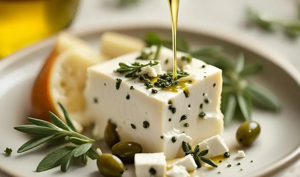 Un blocco di feta lattosio, condito con erbe aromatiche e olio d'oliva, accompagnato da olive verdi e un pezzo di formaggio stagionato.