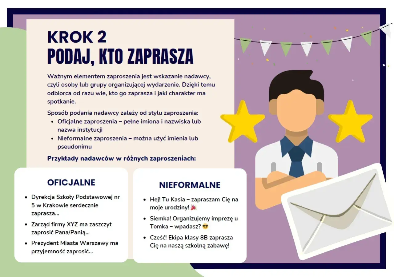 Jak powinno wyglądać zaproszenie? Krok 2: Podaj, kto zaprasza. Ilustracja pokazuje oficjalne i nieformalne przykłady nadawców zaproszeń.