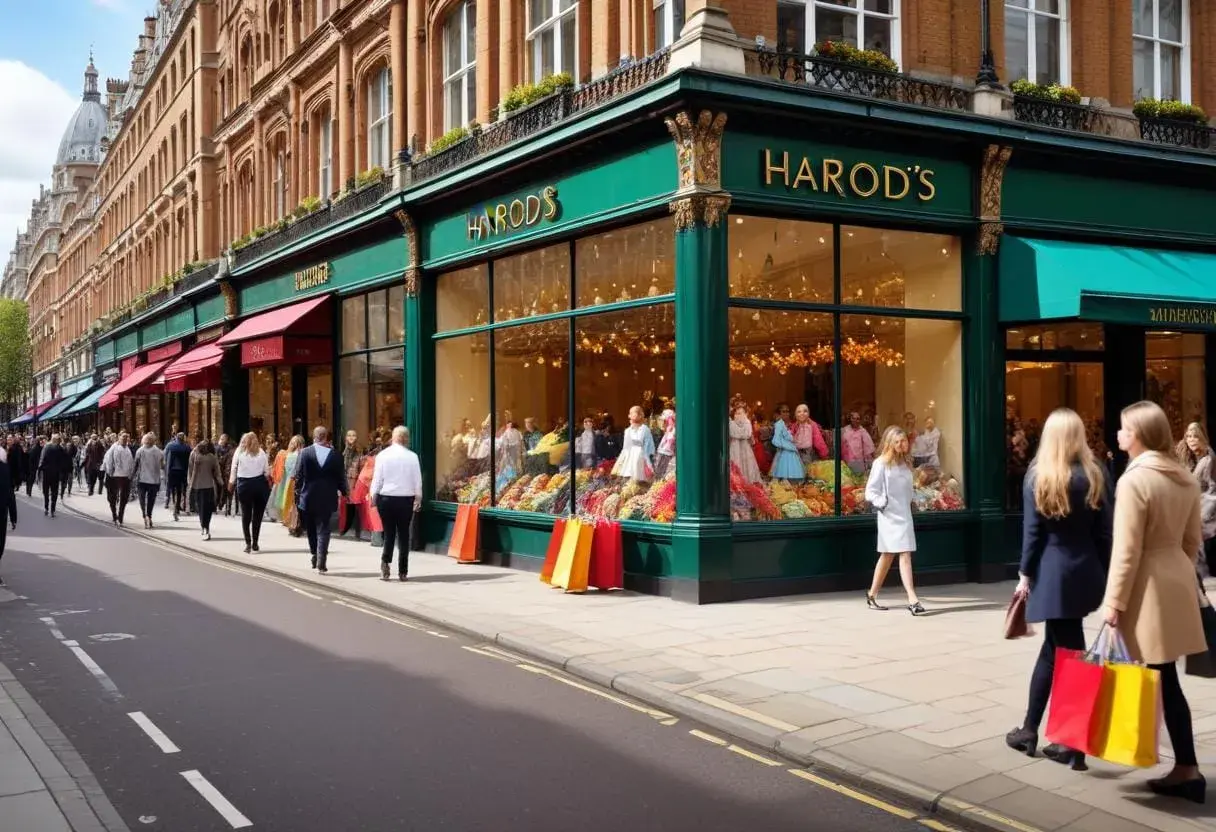 Folk shoppar på Harrods, en av Londons mest kända london butiker. Fönstren är fyllda med färgglada varor och skyltdockor.