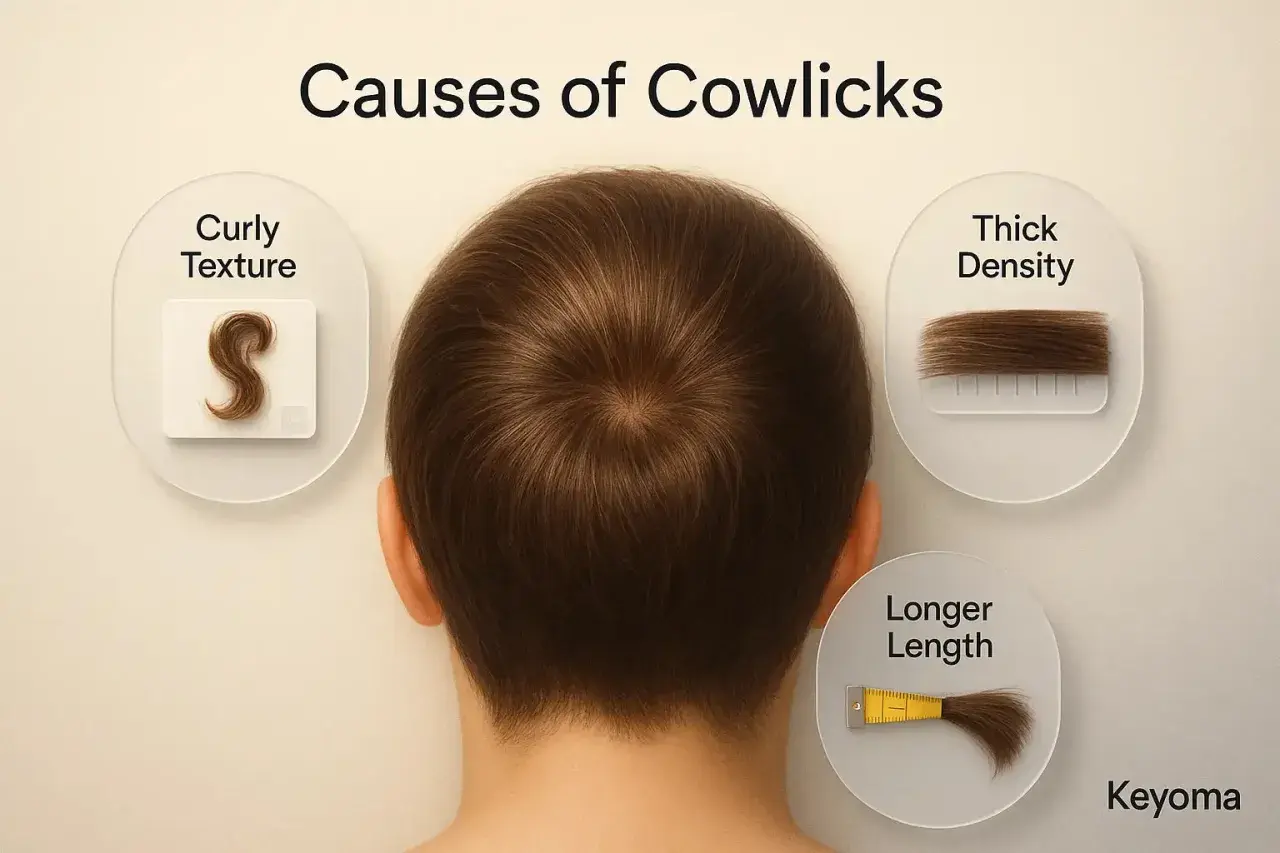 El remolino pelo en la coronilla, junto a la textura rizada, densidad y longitud, explican las causas de las "cowlicks".