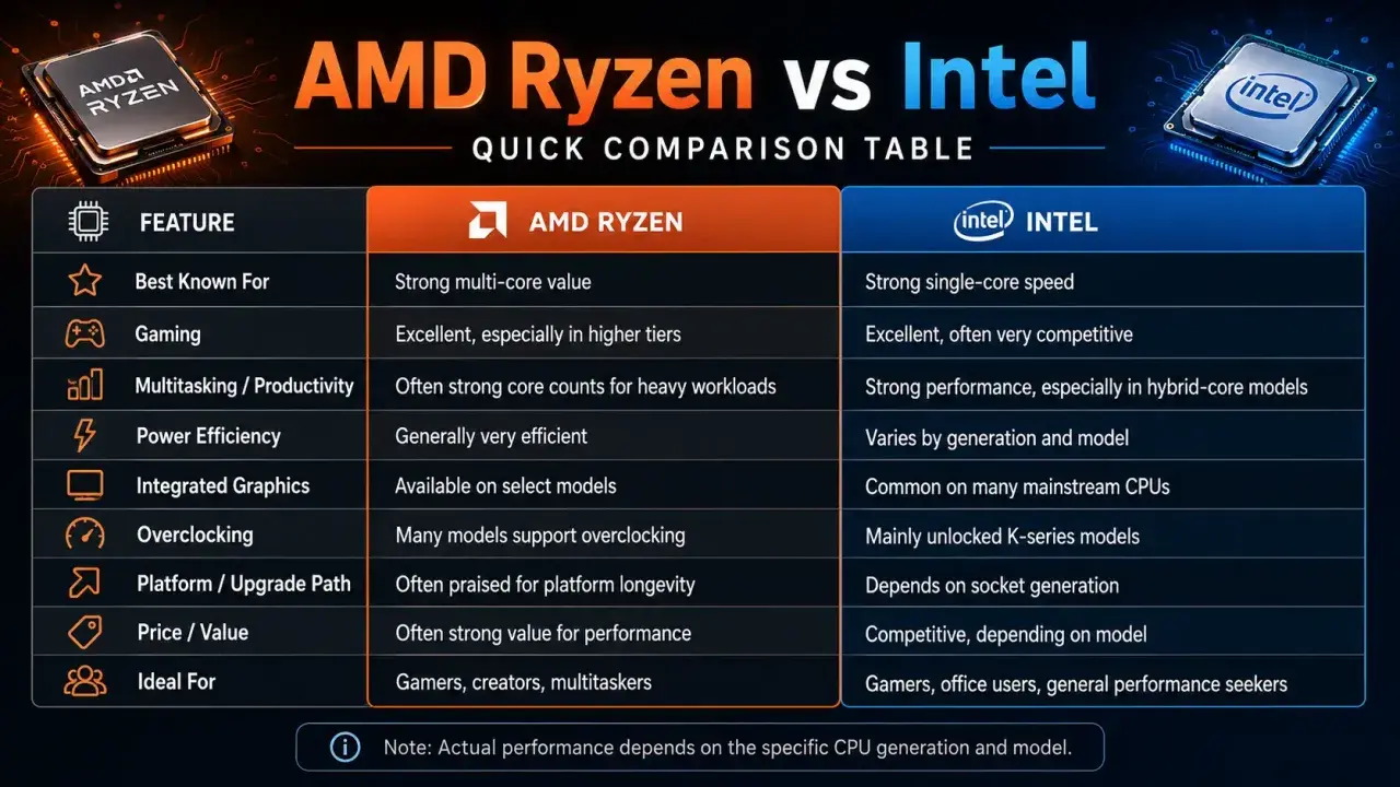 Vergleichstabelle: AMD Ryzen vs. Intel. Zeigt Stärken bei Multi-Core-Leistung (AMD) und Single-Core-Geschwindigkeit (Intel).