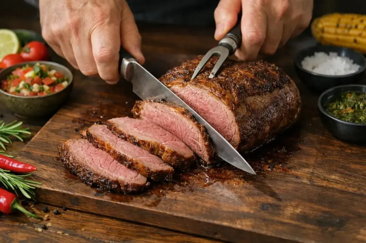 Délicieuse picanha recette, tranchée sur une planche en bois, accompagnée de salsa, d'épices et de maïs grillé.