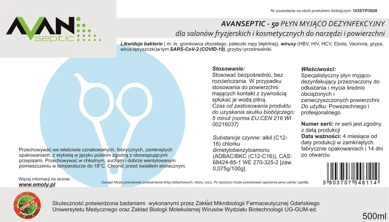 Grafika przedstawia stylizowane nożyczki fryzjerskie na jasnoniebieskim tle, z logo produktu AVANSEPTIC.
