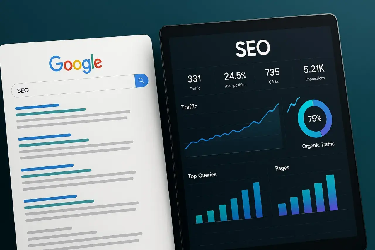 Pantalla de Google con búsqueda "SEO" y tablet mostrando métricas de SEO: tráfico, clics, impresiones. Ideal para aprender SEO gratis.