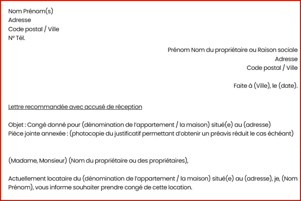 Modèle de lettre recommandée avec accusé de réception pour une lettre résiliation bail locatif. Le document détaille les informations du locataire et du propriétaire.
