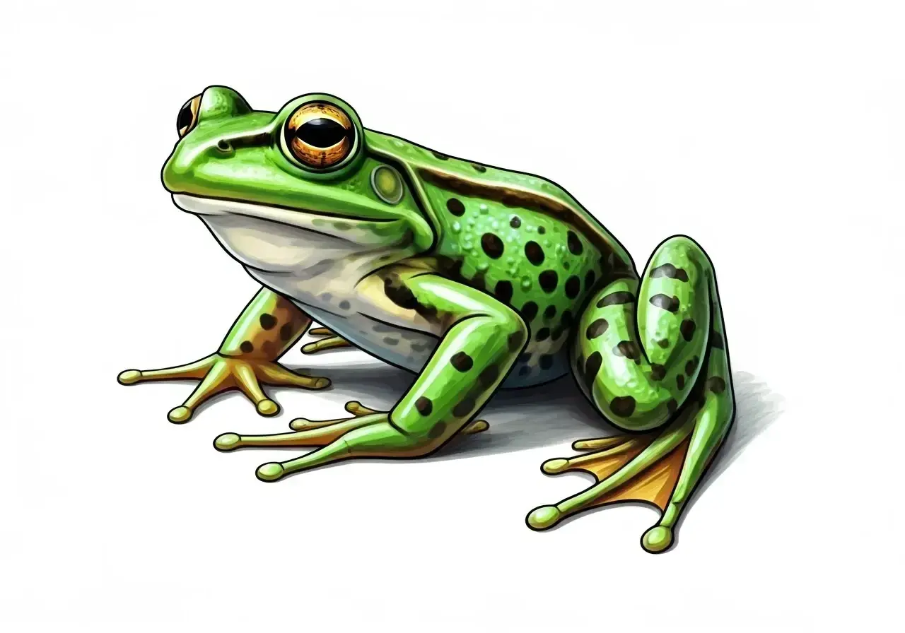 Zielona, nakrapiana żaba, czyli "grenouille" po francusku, siedzi na białym tle.
