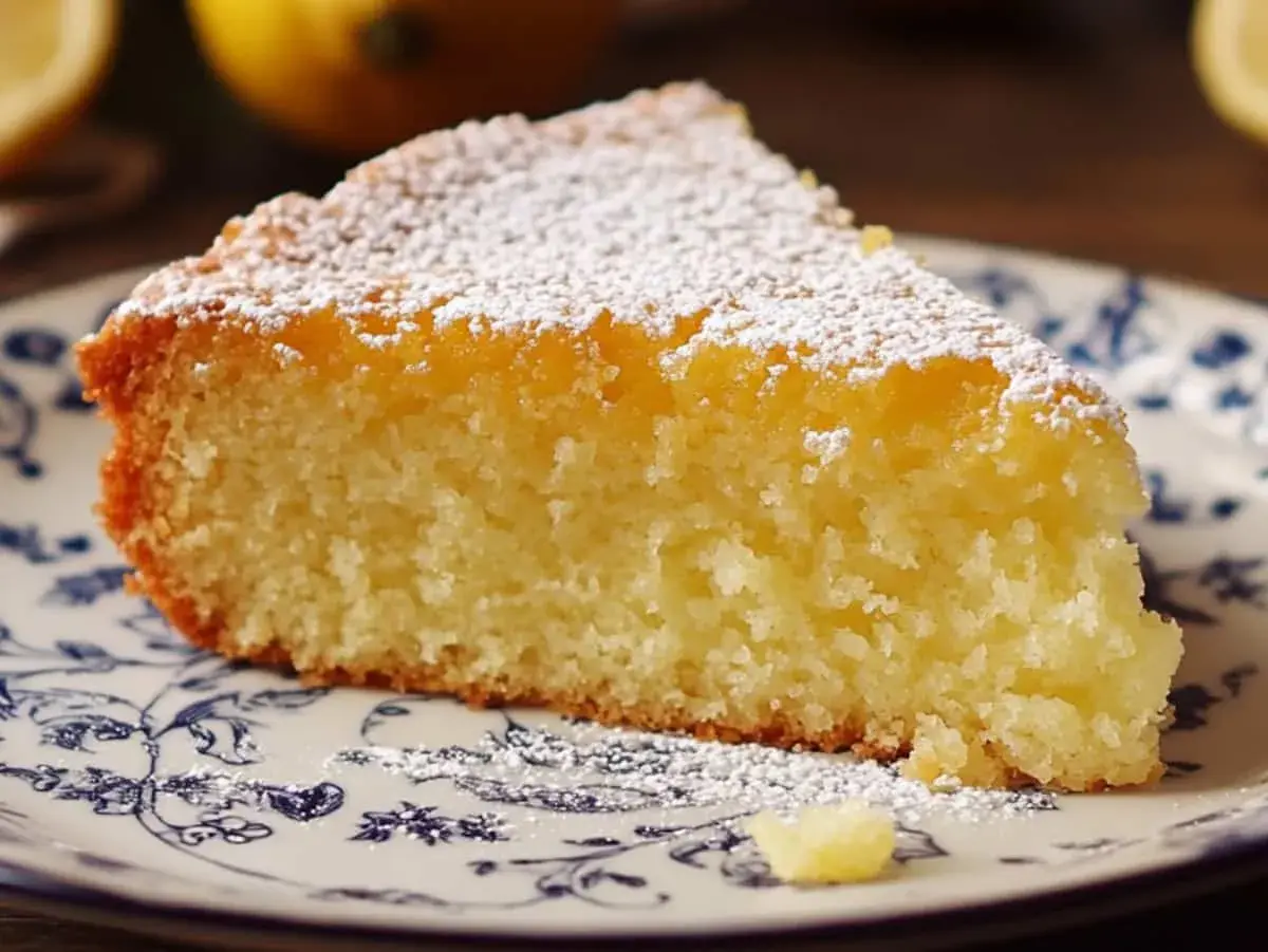 Tranche de fondant citron mascarpone saupoudrée de sucre glace, sur une assiette ornée de motifs bleus.