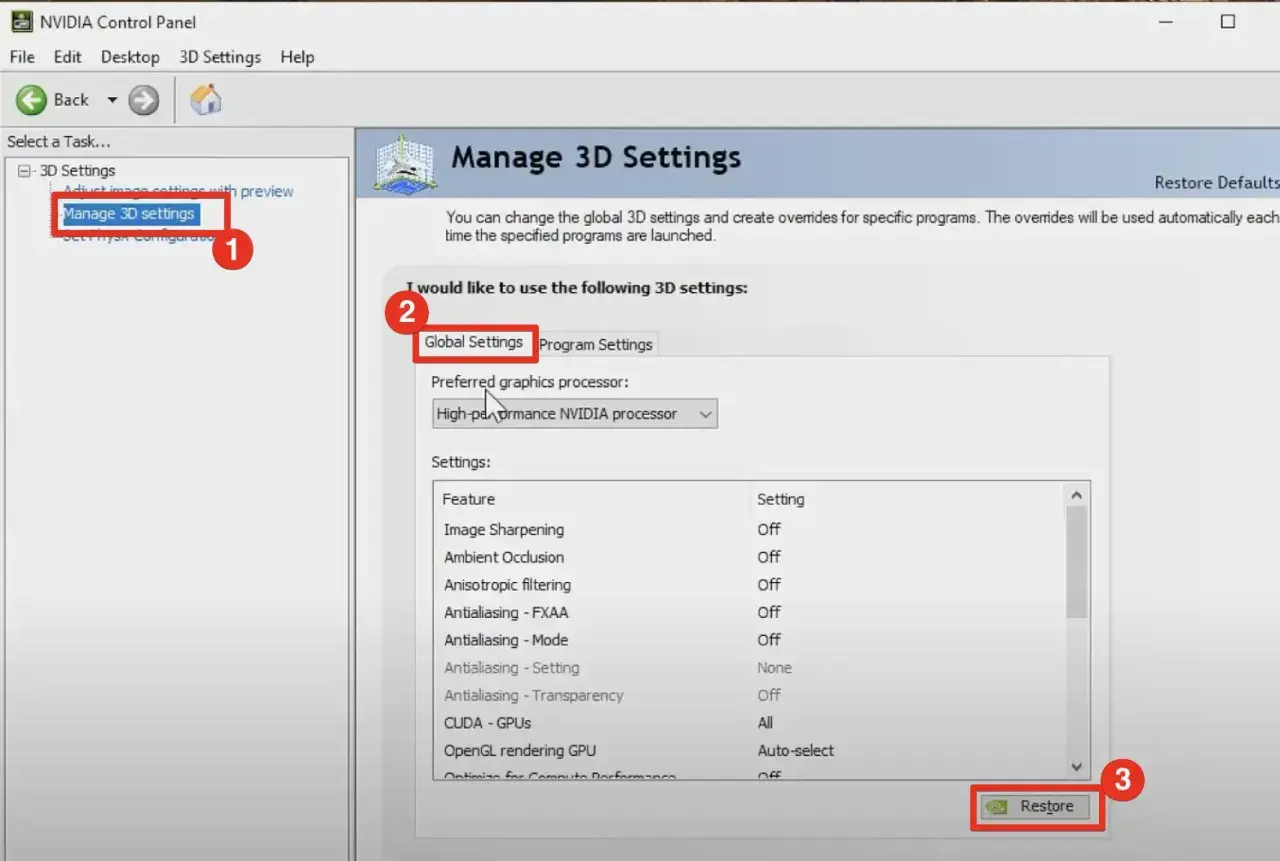 Przywróć domyślne ustawienia karty graficznej w panelu sterowania NVIDIA. Kliknij "Restore" (3) po wybraniu "Manage 3D settings" (1) i "Global Settings" (2).