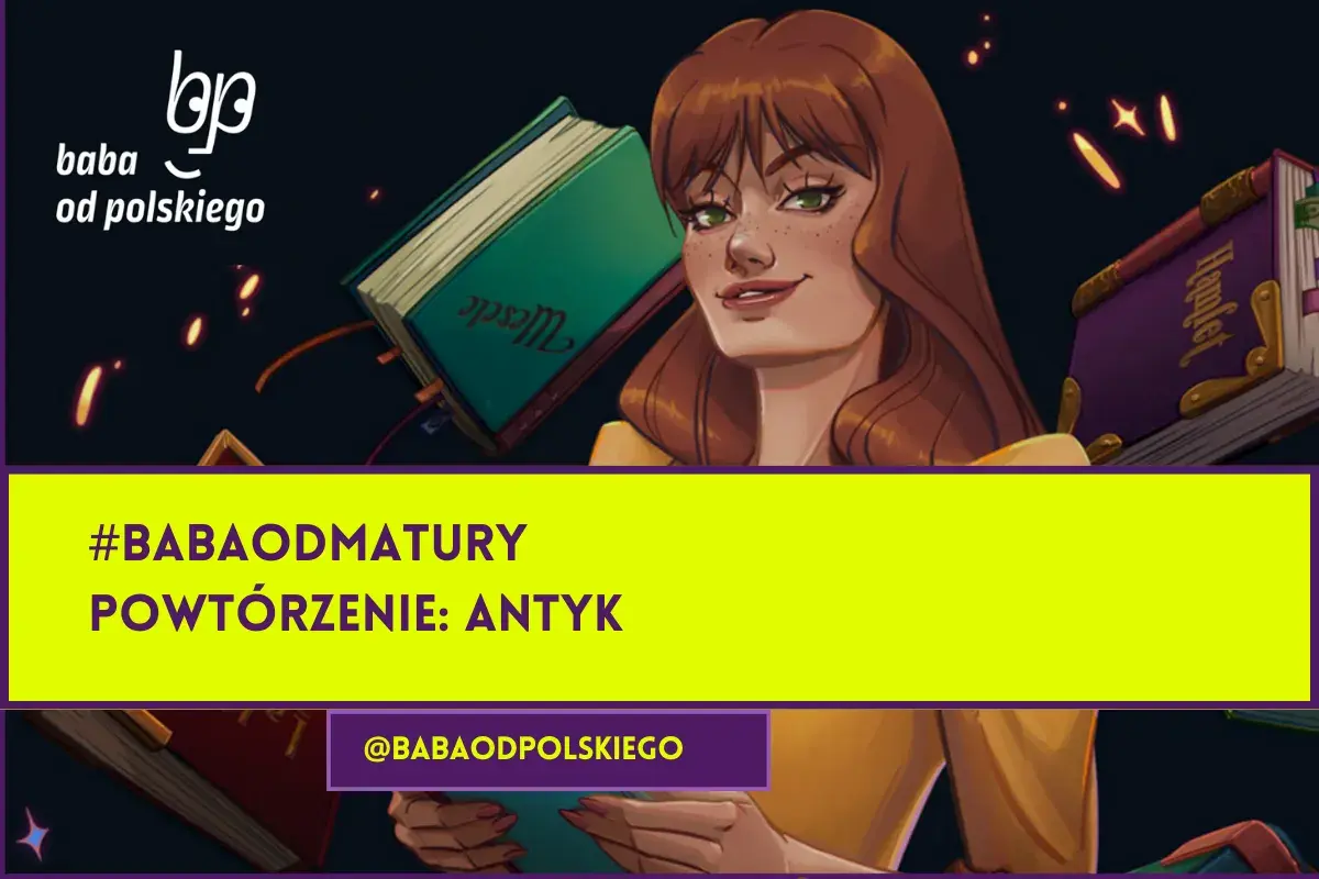 Dziewczyna z rudymi włosami i piegami, obok niej książki, w tym "Hamlet". Temat: bohater tragiczny definicja. #babaodmatury.